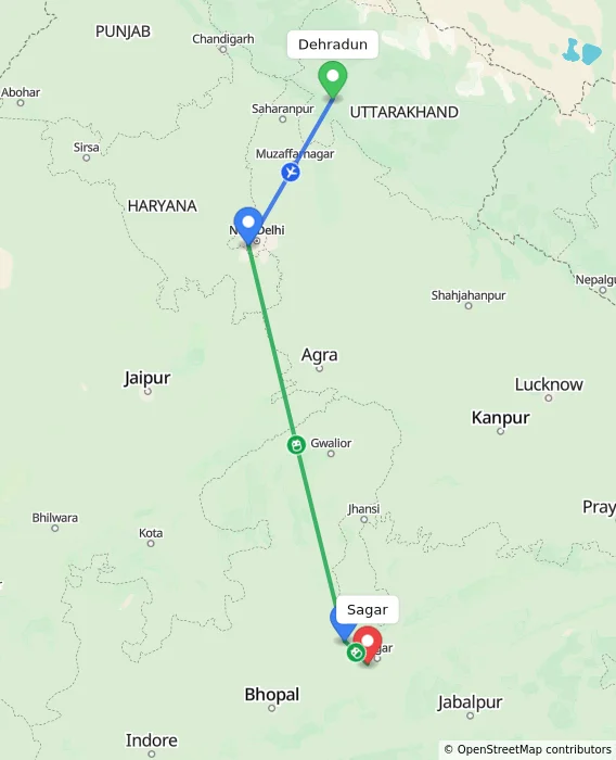 Route map showing distance and travel time from Dehradun, India to Sagar, India