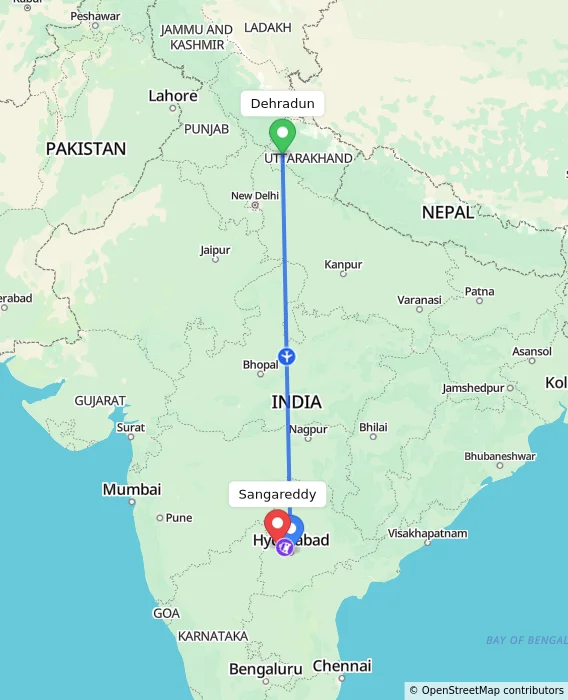Route map showing distance and travel time from Dehradun, India to Sangareddy, India