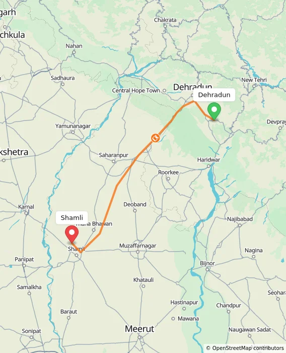 Route map showing distance and travel time from Dehradun, India to Shamli, India