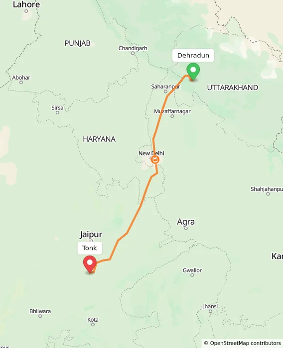 Route map showing distance and travel time from Dehradun, India to Tonk, India