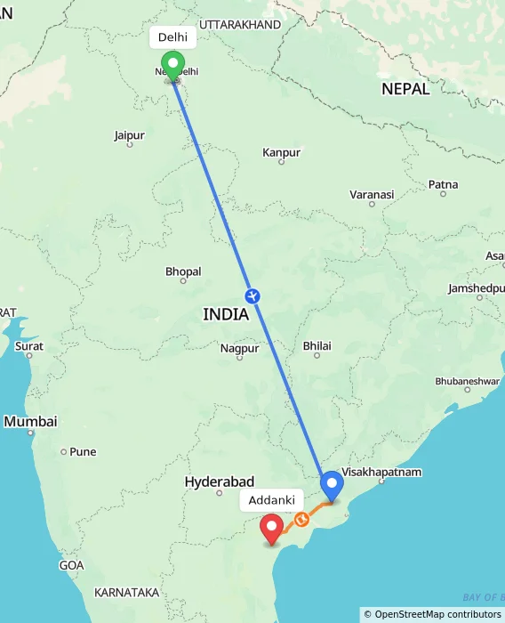Route map showing distance and travel time from Delhi, India to Addanki, India
