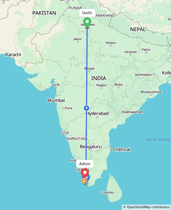 Route map showing distance and travel time from Delhi, India to Adoor, India