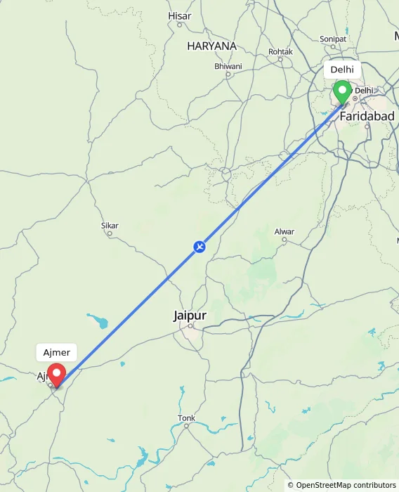 Route map showing distance and travel time from Delhi, India to Ajmer, India