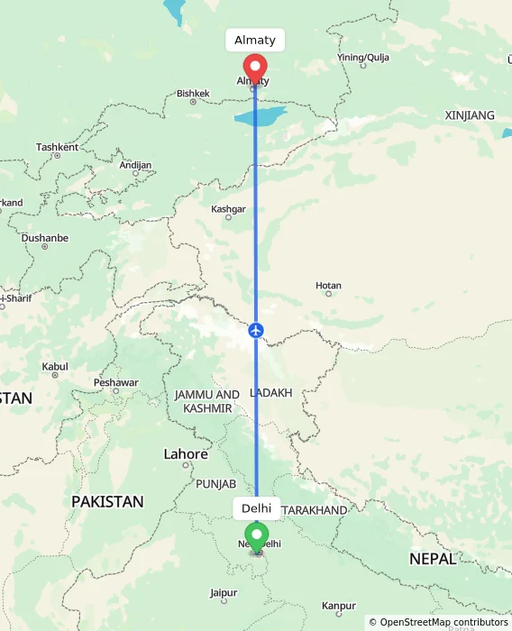Route map showing distance and travel time from Delhi, India to Almaty, Kazakhstan