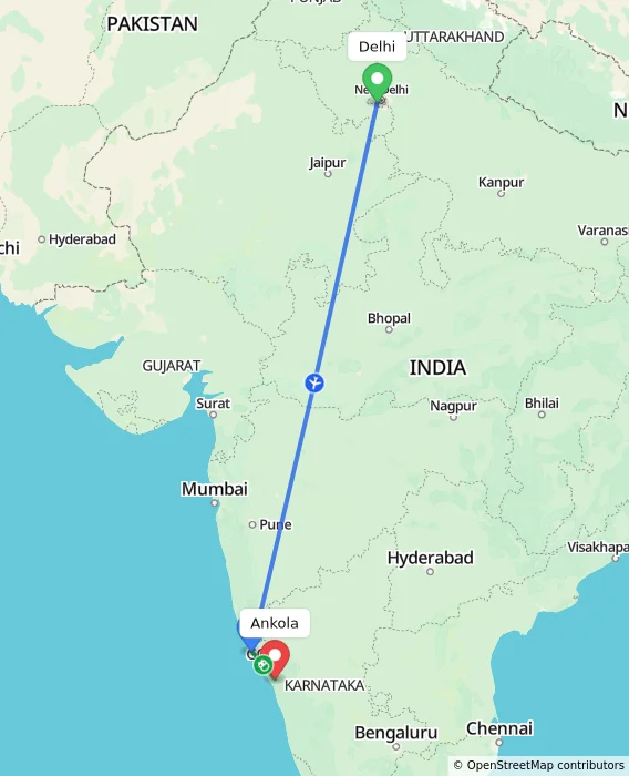 Route map showing distance and travel time from Delhi, India to Ankola, India