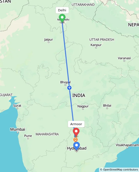 Route map showing distance and travel time from Delhi, India to Armoor, India