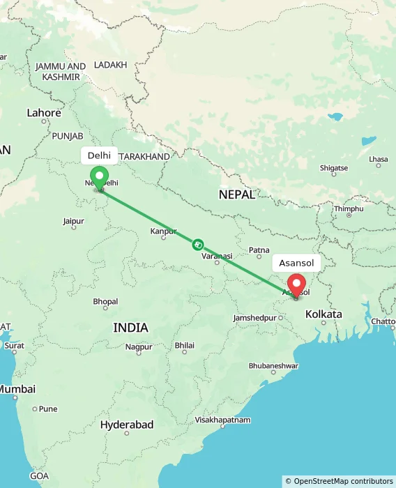 Route map showing distance and travel time from Delhi, India to Asansol, India