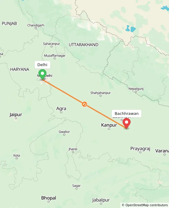 Route map showing distance and travel time from Delhi, India to Bachhrawan, India