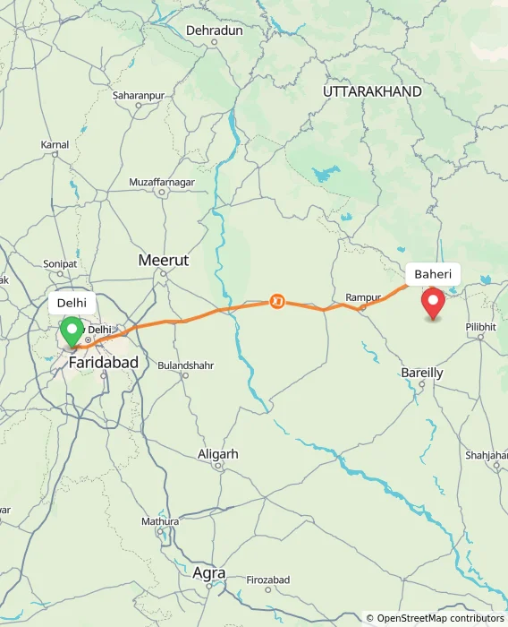 Route map showing distance and travel time from Delhi, India to Baheri, India