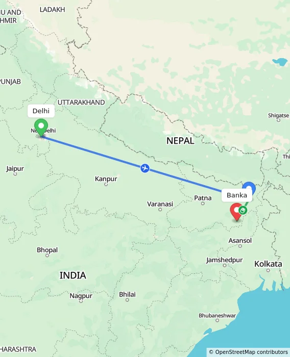 Route map showing distance and travel time from Delhi, India to Banka, India