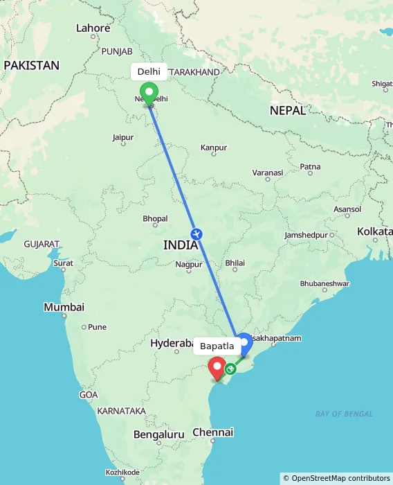 Route map showing distance and travel time from Delhi, India to Bapatla, India
