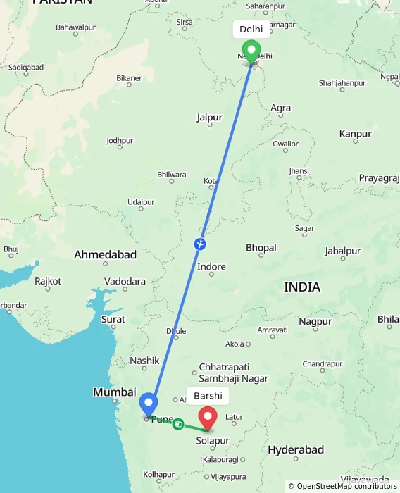 Route map showing distance and travel time from Delhi, India to Barshi, India
