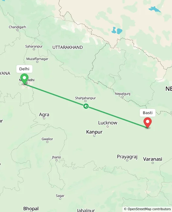 Route map showing distance and travel time from Delhi, India to Basti, India