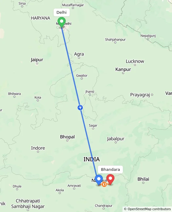 Route map showing distance and travel time from Delhi, India to Bhandara, India