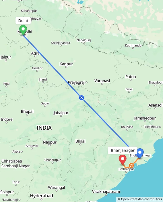 Route map showing distance and travel time from Delhi, India to Bhanjanagar, India