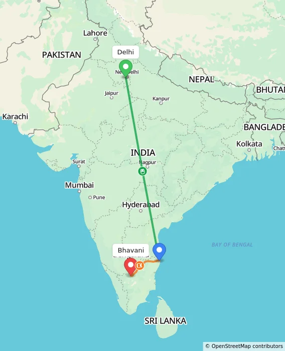 Route map showing distance and travel time from Delhi, India to Bhavani, India