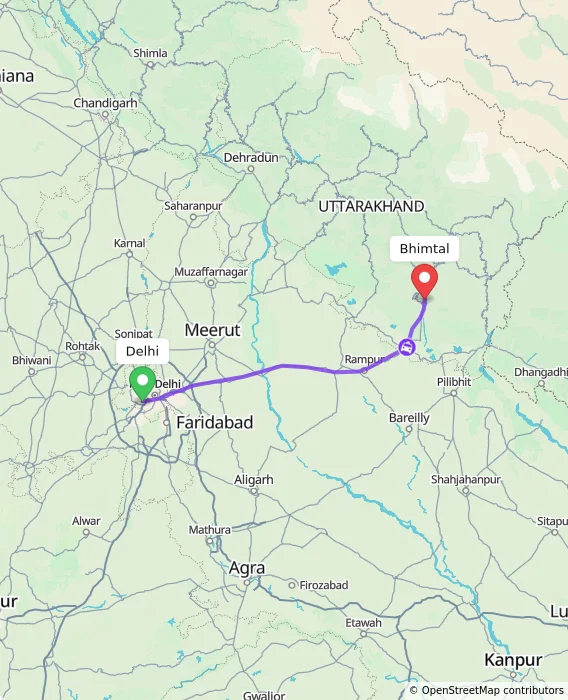 Route map showing distance and travel time from Delhi, India to Bhimtal, India