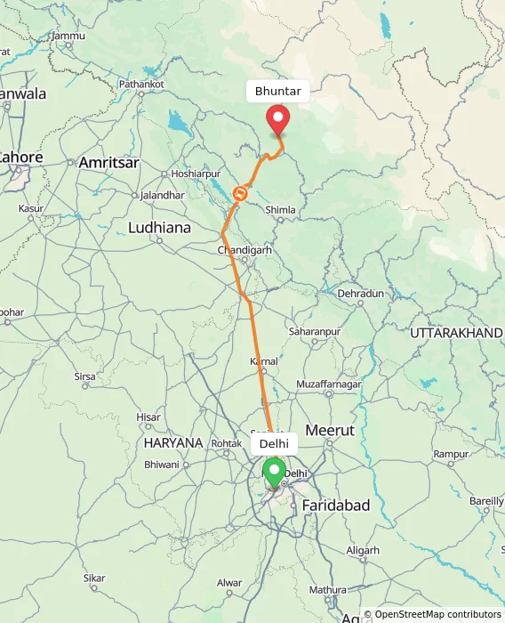 Route map showing distance and travel time from Delhi, India to Bhuntar, India