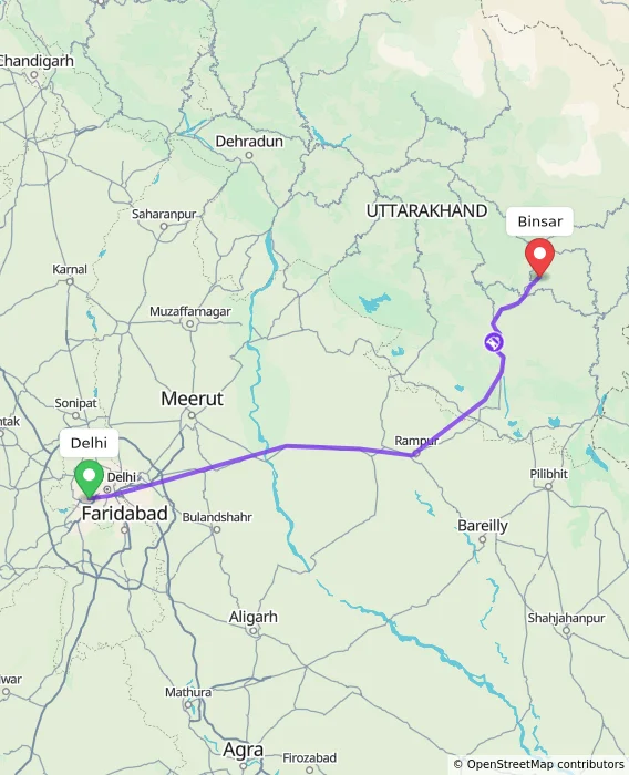Route map showing distance and travel time from Delhi, India to Binsar, India