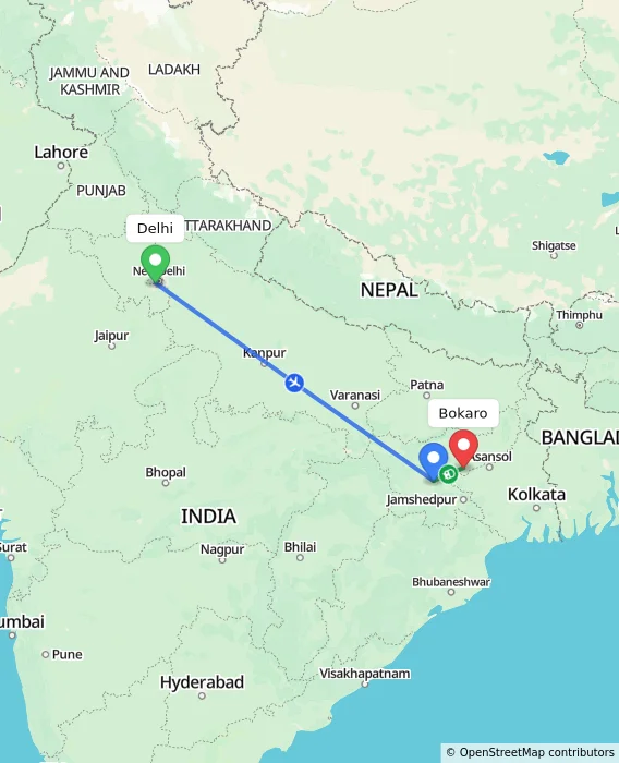 Route map showing distance and travel time from Delhi, India to Bokaro, India