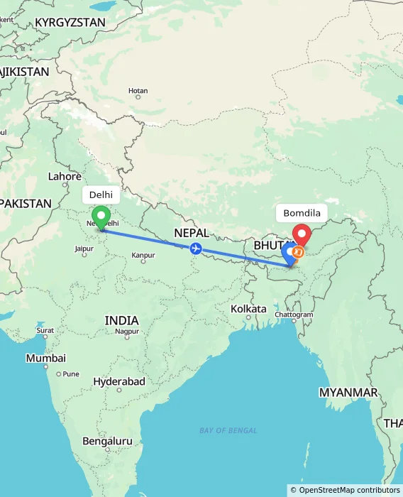 Route map showing distance and travel time from Delhi, India to Bomdila, India