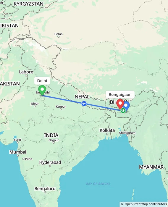 Route map showing distance and travel time from Delhi, India to Bongaigaon, India