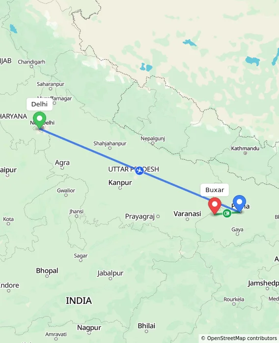 Route map showing distance and travel time from Delhi, India to Buxar, India