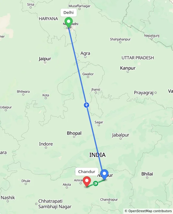 Route map showing distance and travel time from Delhi, India to Chandur, India