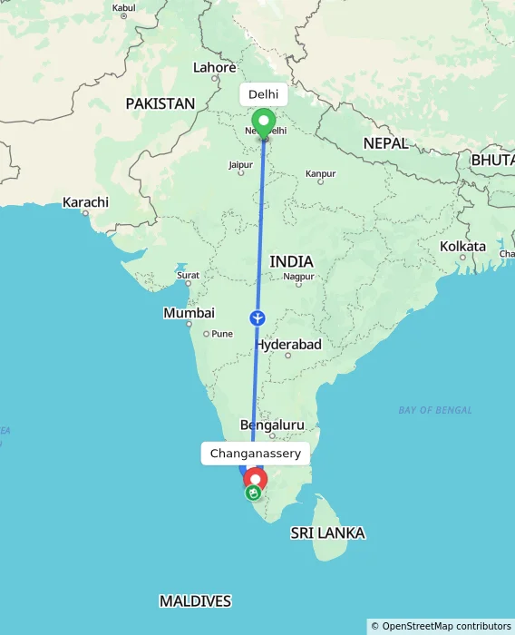 Route map showing distance and travel time from Delhi, India to Changanassery, India