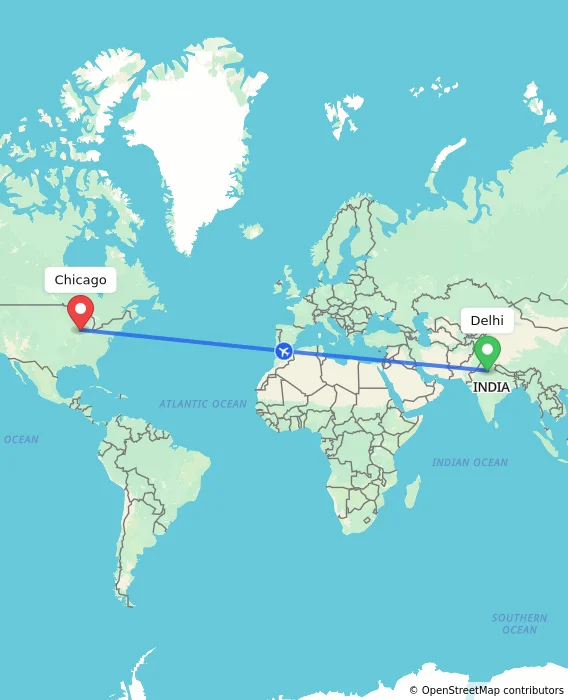 Route map showing distance and travel time from Delhi, India to Chicago, United States