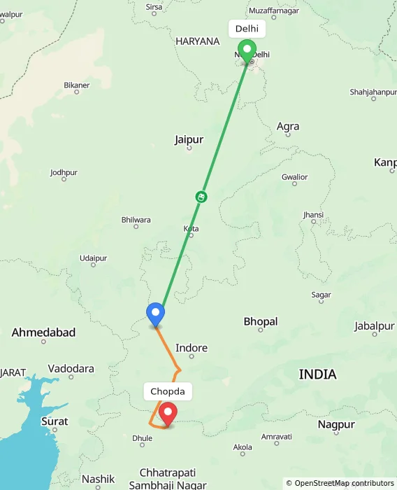 Route map showing distance and travel time from Delhi, India to Chopda, India