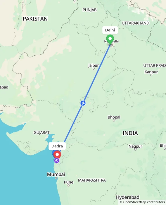 Route map showing distance and travel time from Delhi, India to Dadra, India