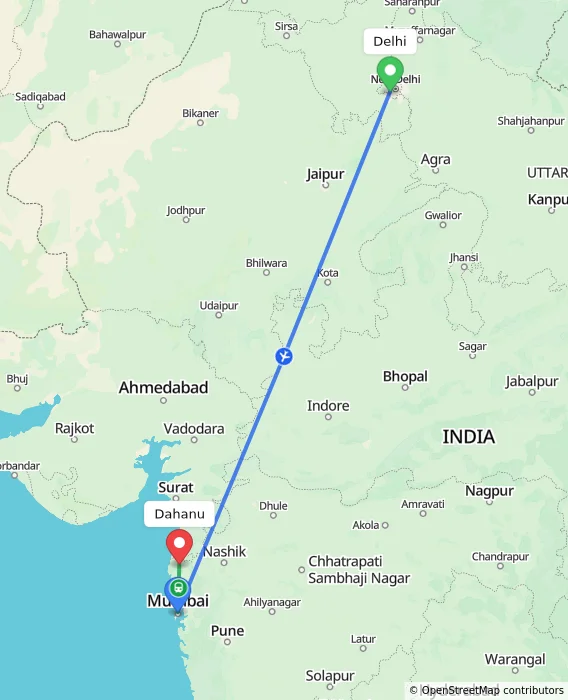 Route map showing distance and travel time from Delhi, India to Dahanu, India