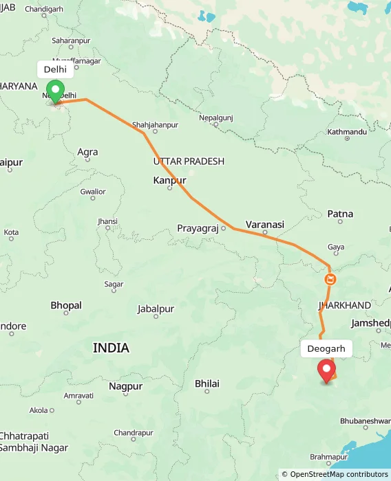 Route map showing distance and travel time from Delhi, India to Deogarh, India