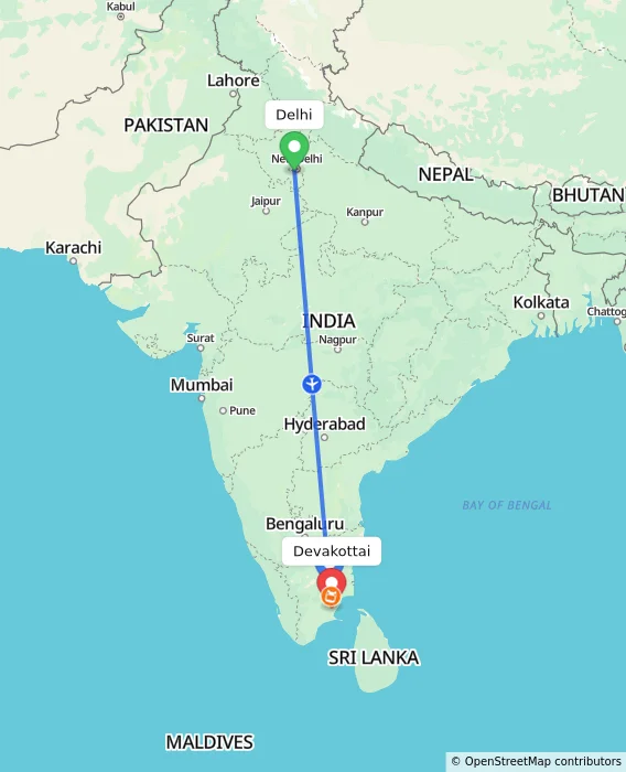 Route map showing distance and travel time from Delhi, India to Devakottai, India