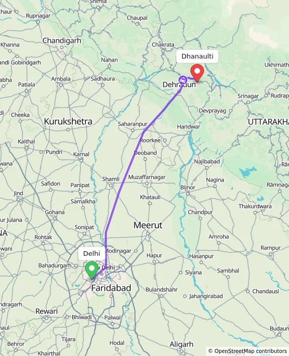 Route map showing distance and travel time from Delhi, India to Dhanaulti, India