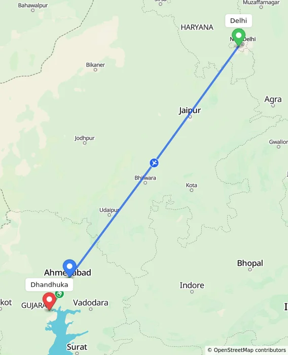 Route map showing distance and travel time from Delhi, India to Dhandhuka, India