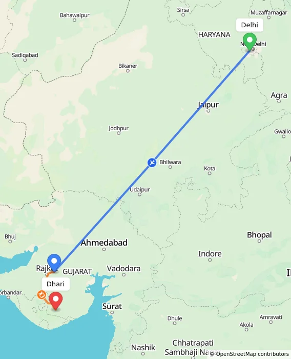 Route map showing distance and travel time from Delhi, India to Dhari, India