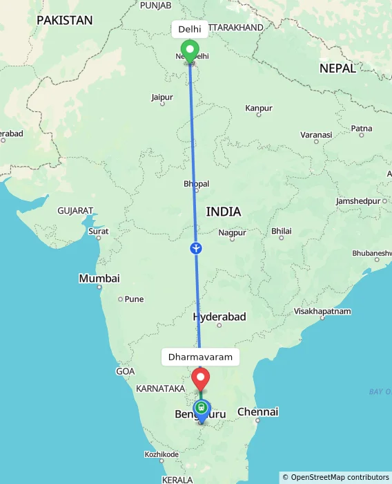Route map showing distance and travel time from Delhi, India to Dharmavaram, India