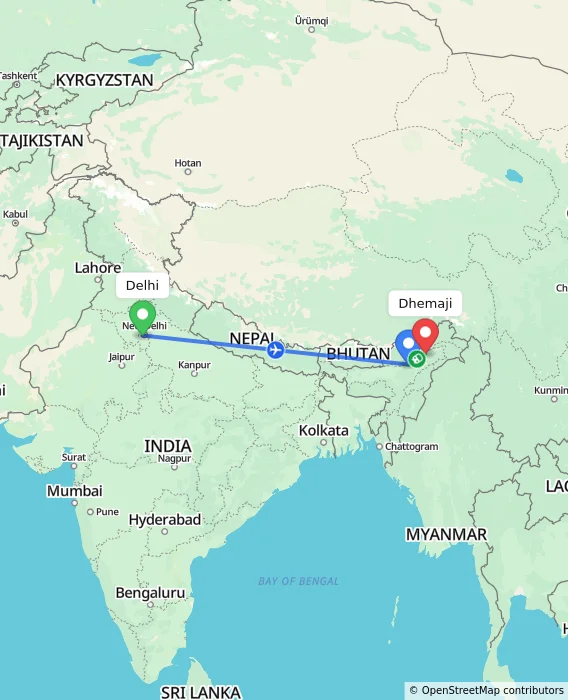 Route map showing distance and travel time from Delhi, India to Dhemaji, India