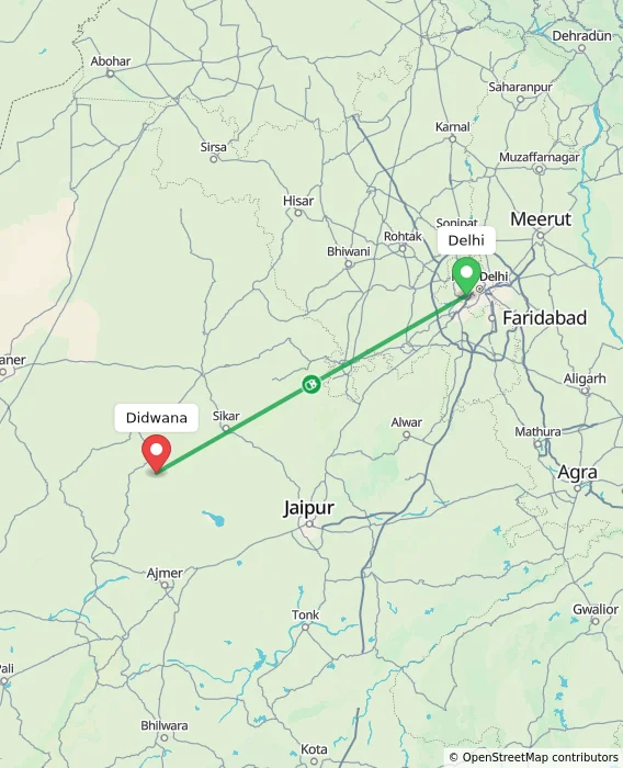 Route map showing distance and travel time from Delhi, India to Didwana, India