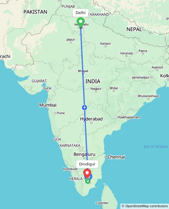 Route map showing distance and travel time from Delhi, India to Dindigul, India