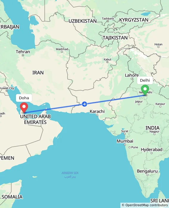 Route map showing distance and travel time from Delhi, India to Doha, Qatar