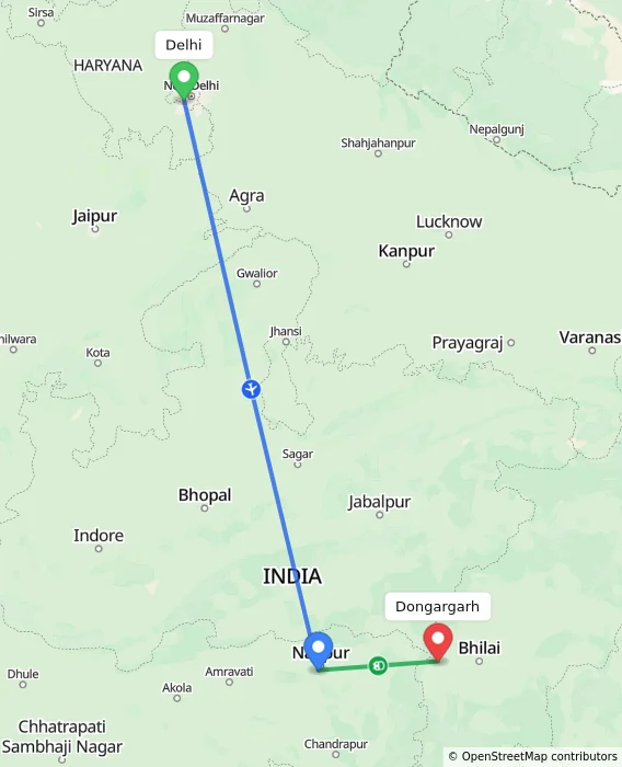 Route map showing distance and travel time from Delhi, India to Dongargarh, India