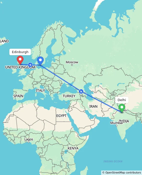 Route map showing distance and travel time from Delhi, India to Edinburgh, United Kingdom