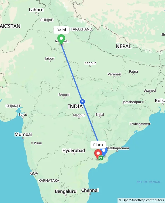 Route map showing distance and travel time from Delhi, India to Eluru, India