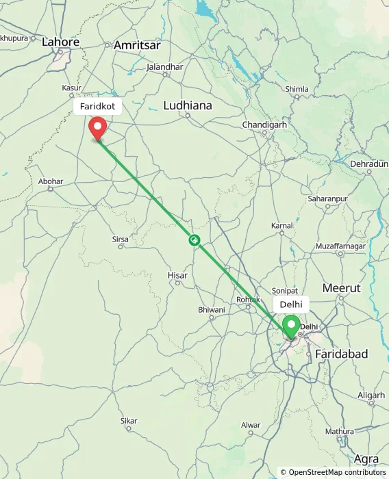 Route map showing distance and travel time from Delhi, India to Faridkot, India