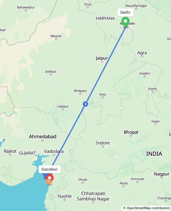 Route map showing distance and travel time from Delhi, India to Gandevi, India
