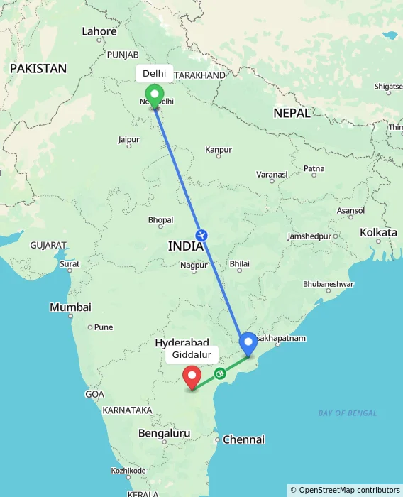 Route map showing distance and travel time from Delhi, India to Giddalur, India