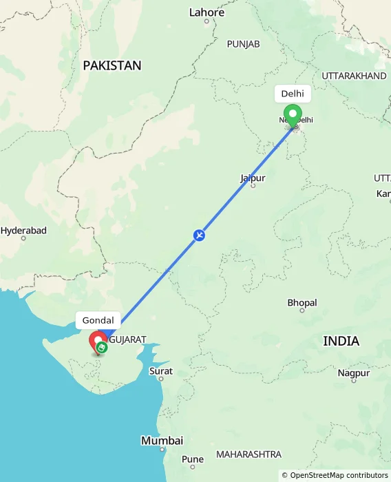 Route map showing distance and travel time from Delhi, India to Gondal, India